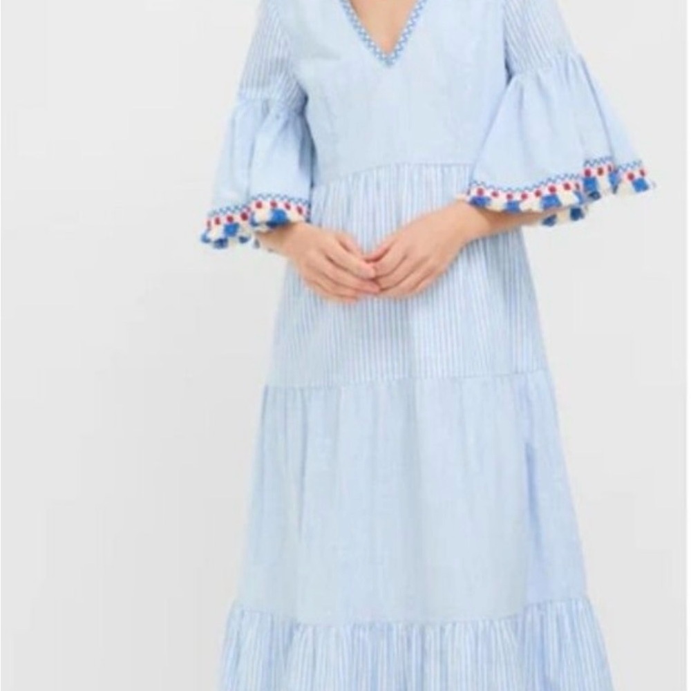 Tuckernuck Light Chambray Striped Blue Long Sleeve Dress with Colorful Trim